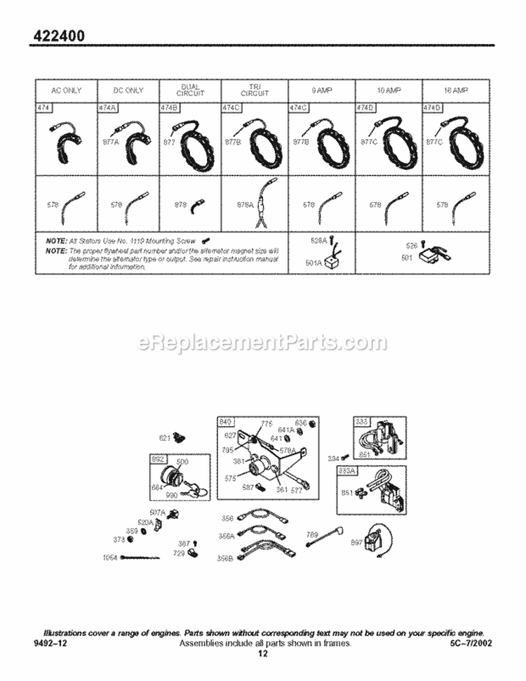 Alternator Ignition Diagram and Parts List for  Briggs and Stratton Engine